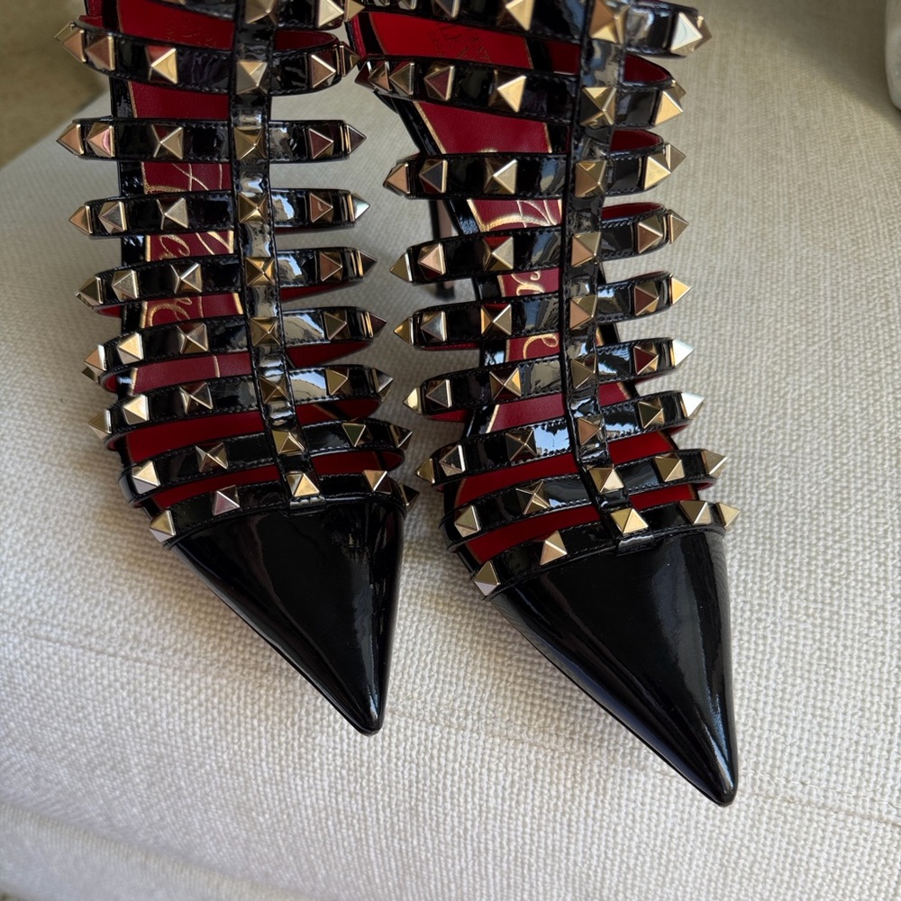 Valentino Garavani Black Patent and Red Studded Cage Stilettos - Picture 6 of 8